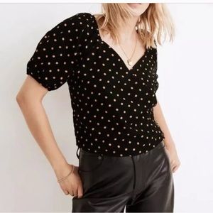 Madewell Corduroy Puff-Sleeve Wrap Top in Oval Dot